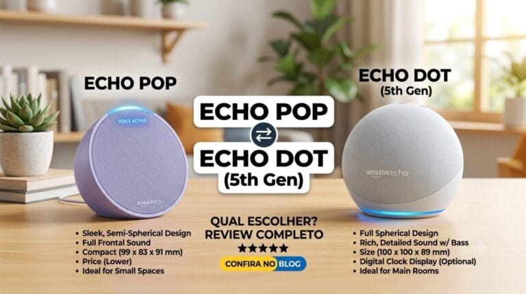 Uma imagem de comparação lado a lado entre o Amazon Echo Pop e o Amazon Echo Dot de 5ª Geração, apresentando-os em uma mesa de madeira em uma sala de estar moderna. No lado esquerdo, o Echo Pop em cor lavanda está posicionado com o texto 'ECHO POP' e características-chave listadas, como 'Design elegante, semi-esférico' e 'Som frontal completo'. No lado direito, o Echo Dot de 5ª Geração em cor branca de gelo com display de relógio digital está posicionado com o texto 'ECHO DOT (5th Gen)' e características listadas, incluindo 'Som rico e detalhado com graves' e 'Tamanho maior'. Um título central 'ECHO POP vs ECHO DOT' separa as duas seções, com as características listadas abaixo em formato de tópicos. No canto inferior, um pequeno ícone do blog e estrelas para avaliação são visíveis.