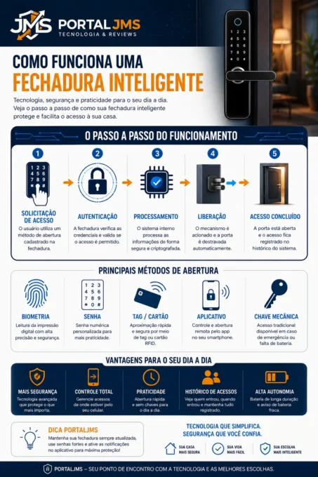 Infográfico sobre como funcionam as melhores fechaduras inteligentes e seus principais métodos de abertura.