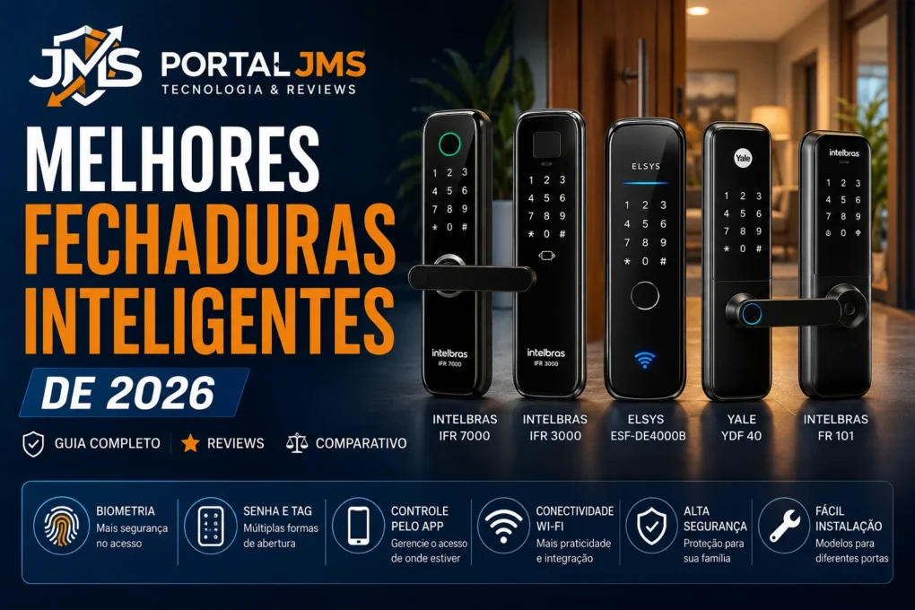 Imagem de destaque do guia Melhores Fechaduras Inteligentes de 2026, com diferentes modelos de fechaduras digitais.