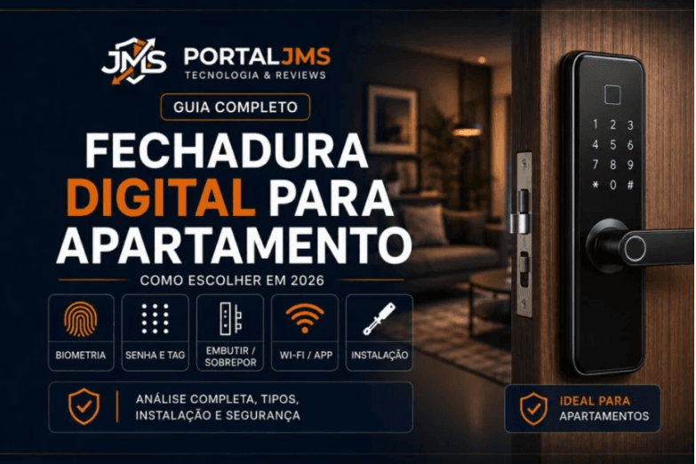Fechadura inteligente instalada na porta de um apartamento moderno, mostrando teclado digital e leitor biométrico.