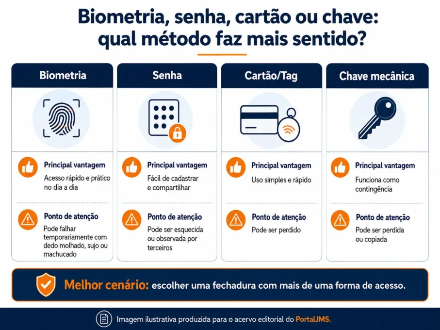 Infográfico com comparativo dos métodos de acesso de uma fechadura biométrica digital, incluindo biometria, senha, cartão ou tag e chave mecânica