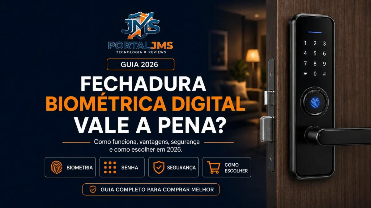 Fechadura biométrica digital instalada em porta de madeira com leitor de impressão digital, senha e recursos de segurança