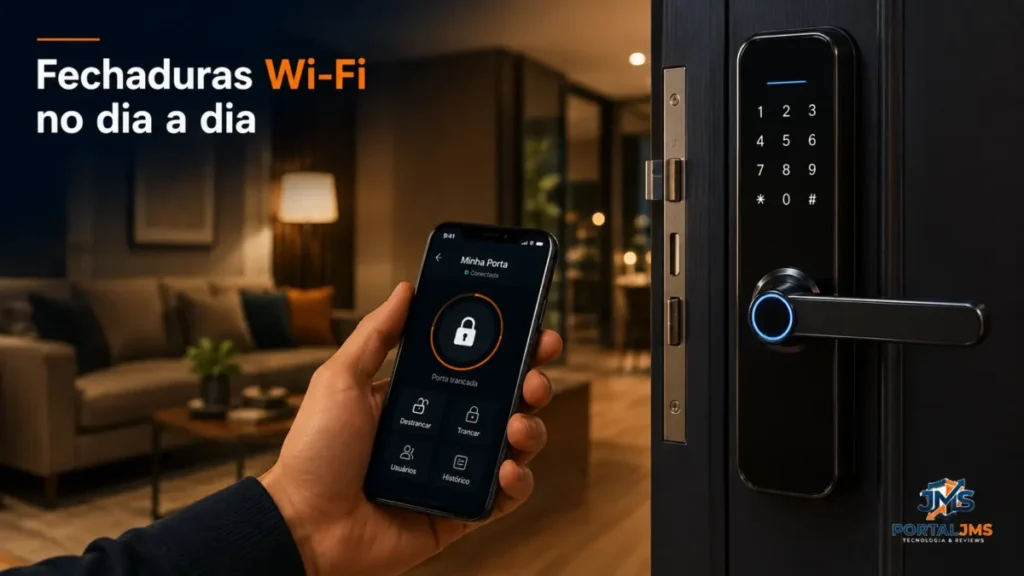Pessoa usando aplicativo no celular para controlar uma fechadura digital Wi-Fi instalada na porta