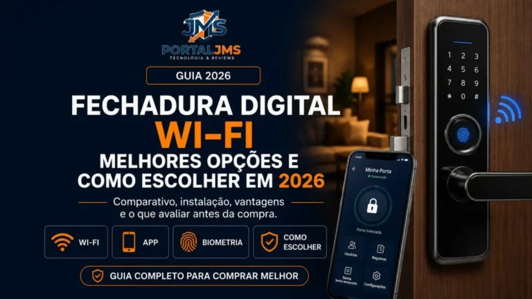 Fechadura digital Wi-Fi instalada em porta de madeira com aplicativo no celular e recursos de biometria