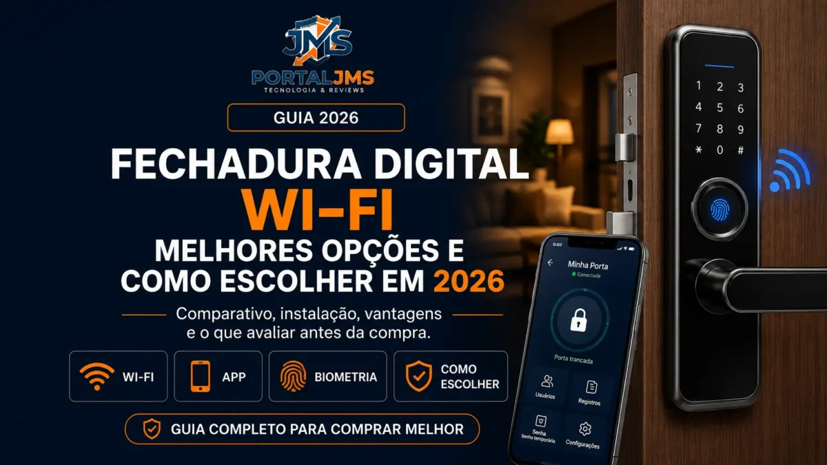 Fechadura digital Wi-Fi instalada em porta de madeira com aplicativo no celular e recursos de biometria