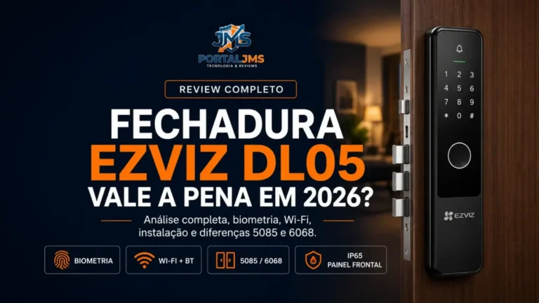 Fechadura EZVIZ DL05 instalada em porta de madeira, com destaque para biometria, Wi-Fi, versões 5085 e 6068 e review completo de 2026