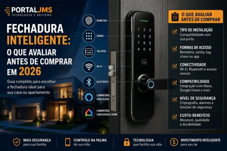 Fechadura inteligente: guia mostrando os principais critérios para avaliar antes de comprar em 2026, incluindo biometria, senha, Wi-Fi, instalação e segurança residencial.